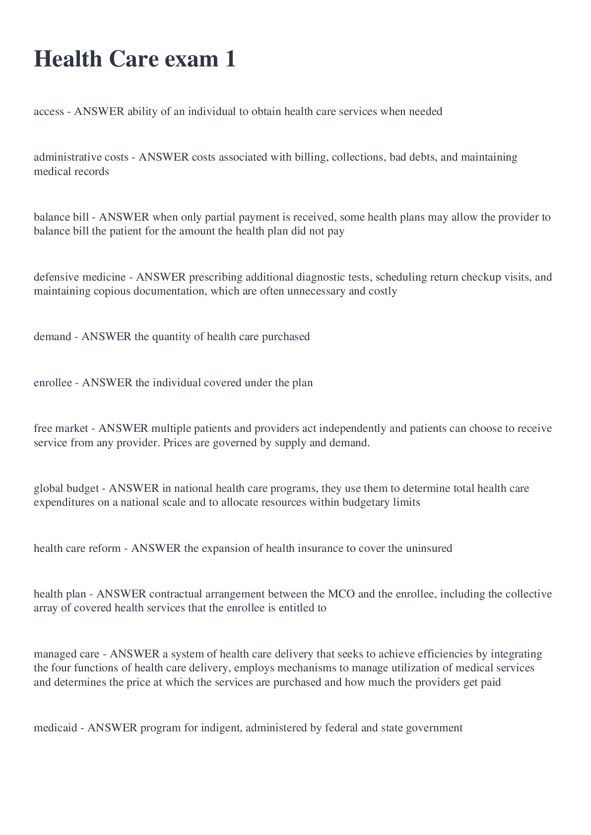 Health Care exam 1 Browsegrades